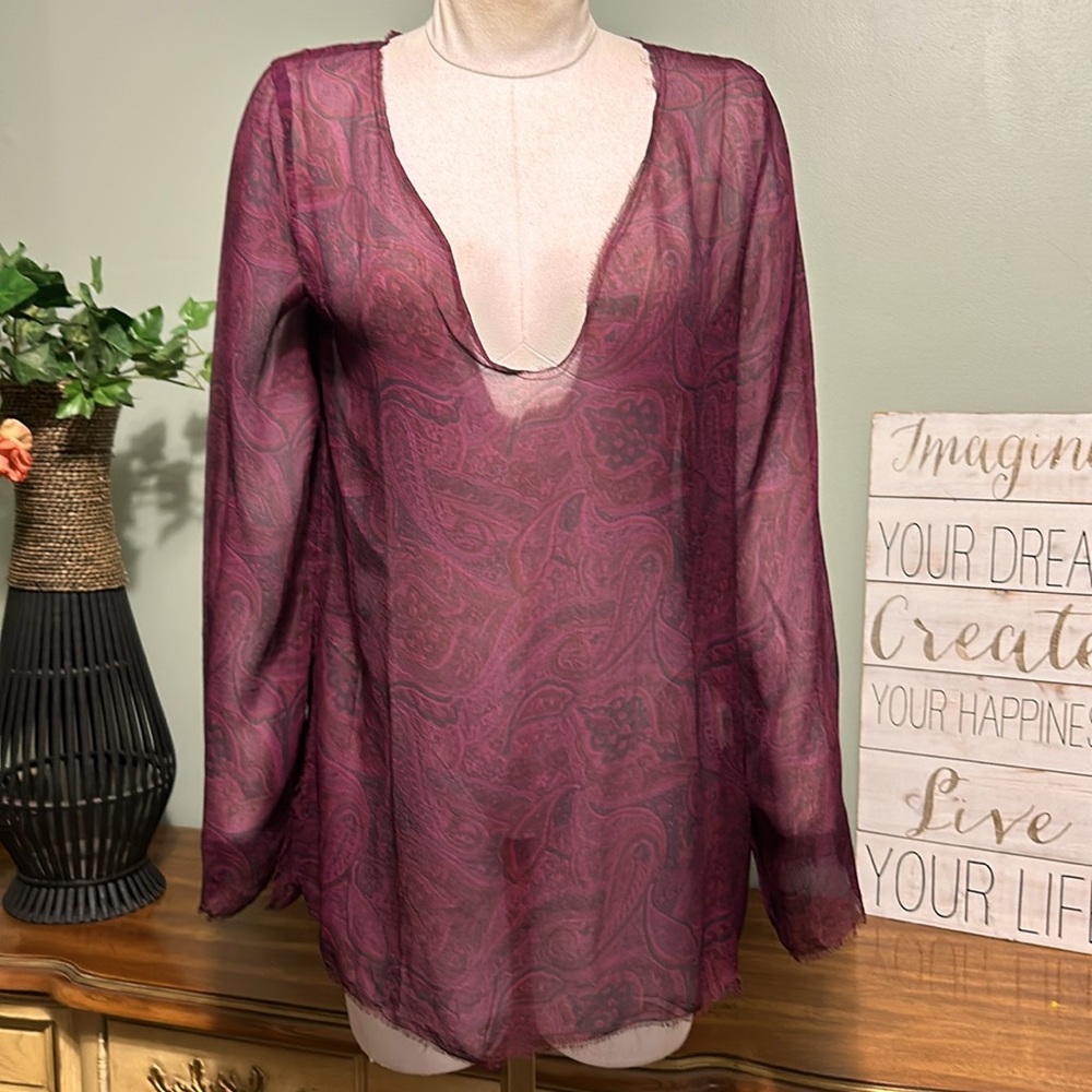 Winter Kate Purple Blue Paisley SILK Raw Hem Sheer Silk Blouse Tunic NEW NWT